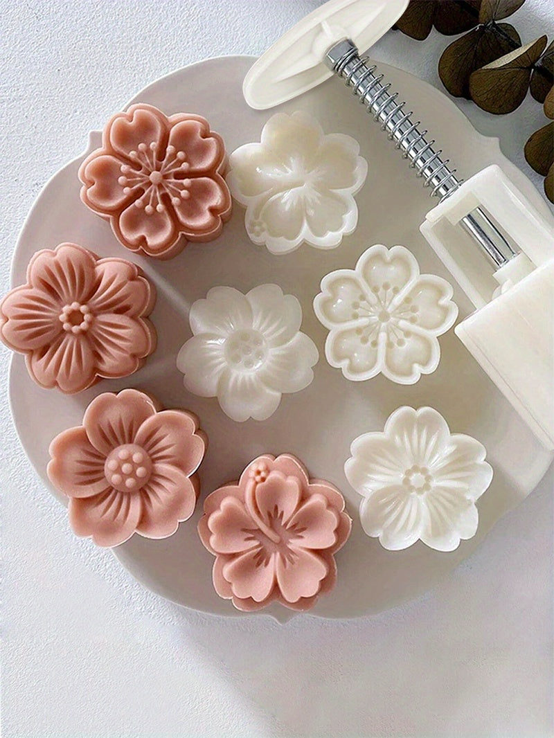 5pcs Flower Cookie Press Set - DIY Mooncake & Pastry Molds, ABS Plastic, Intricate White Flower Designs for Elegant Baking, Ideal for Christmas & Halloween, Kitchen Essentials