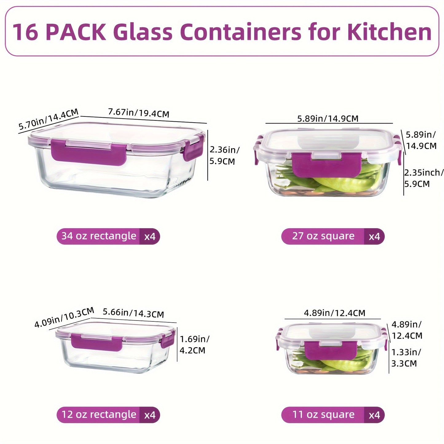 16 Pack Glass Meal Prep Containers, Food Storage Containers with Airtight Lids, Dishwasher/Microwave/Oven/Freezer Safe Glass Containers for Leftovers