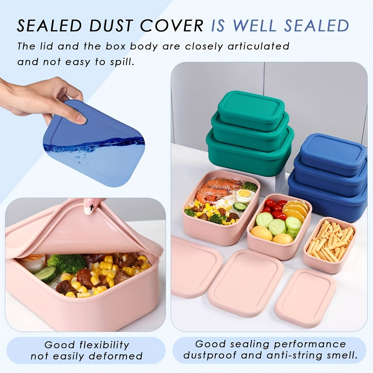 3pcs Silicone Bento Lunch Box Set with Lids - Airtight, Microwave & Dishwasher Safe Food Storage Containers in Green/Pink/Blue - Perfect for School, Office, Camping & Picnics (10oz, 23.6oz, 44oz)