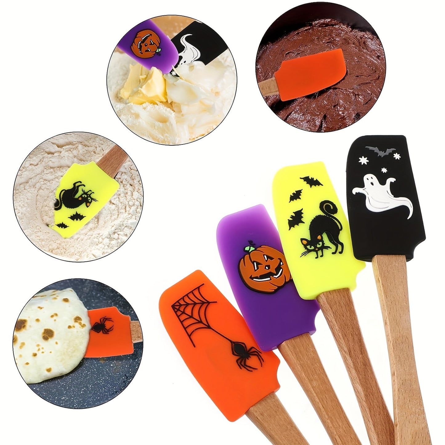1/4Pcs, Halloween Spatula, Wooden Handle Silicone Spatula, Heat Resistant Silicone Scraper Set, Cream Spatula, Kitchen Scraper For Cooking, Baking And Mixing, Pumpkin Spatula, Kitchen Supplies, Halloween Gift, Halloween Decor