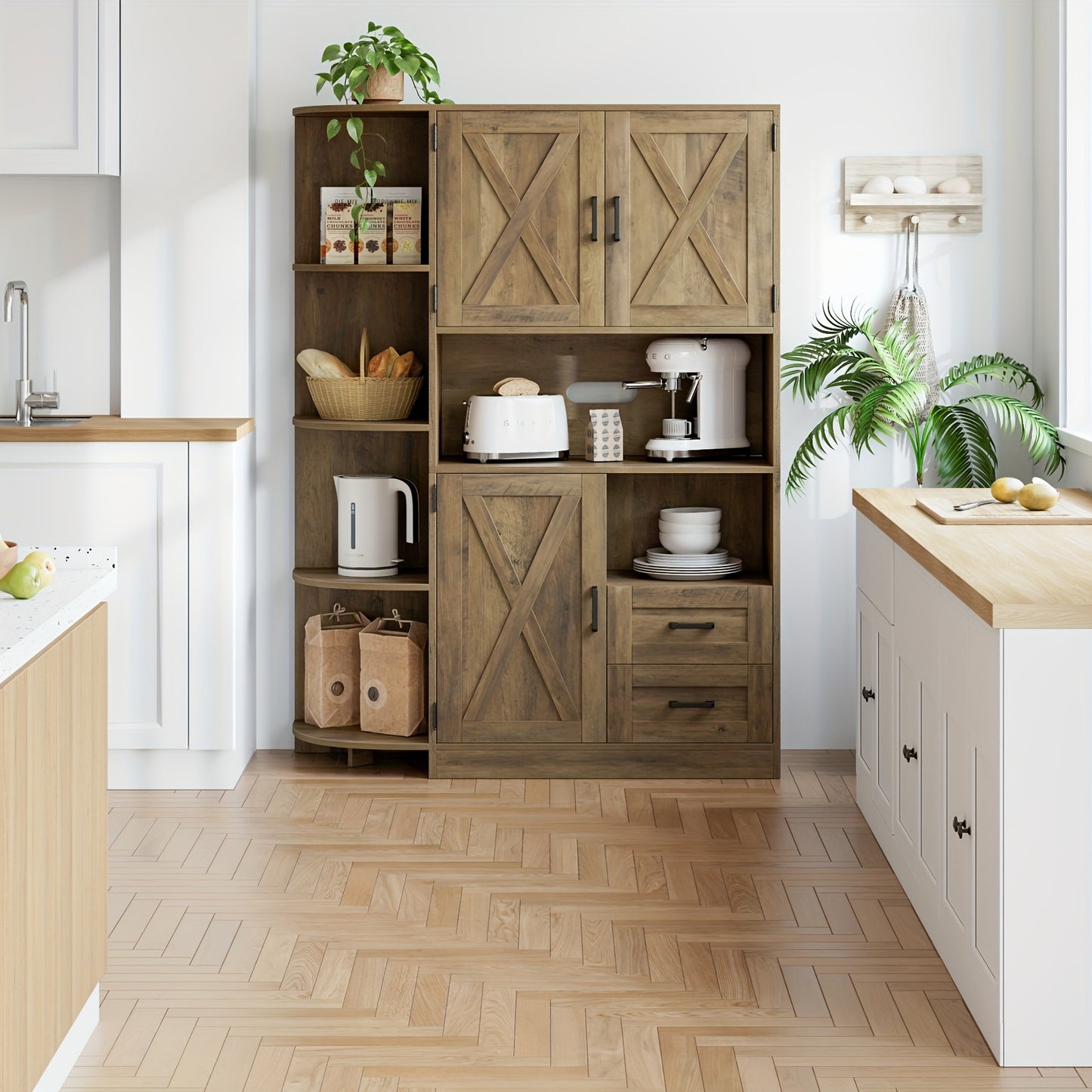 FULTRU 60.4" Farmhouse Kitchen Pantry Storage Cabinet, Freestanding Hutch with Doors & Shelves, Buffet Sideboard with Microwave Stand, Coffee Bar with Drawers, Cupboard for Dining Room, Rustic Brown