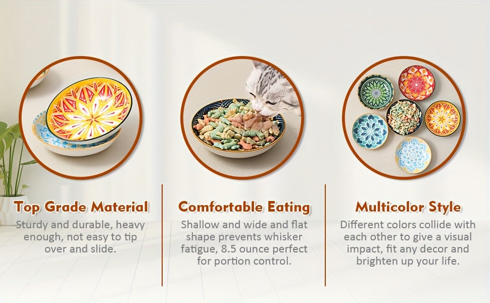 6pcs 5.5in Wide Shallow Cat Food Bowl Set -Ceramic - Colorful Cute Small Flat Kitten Feeding Dish - Microwave And Dishwasher Safe