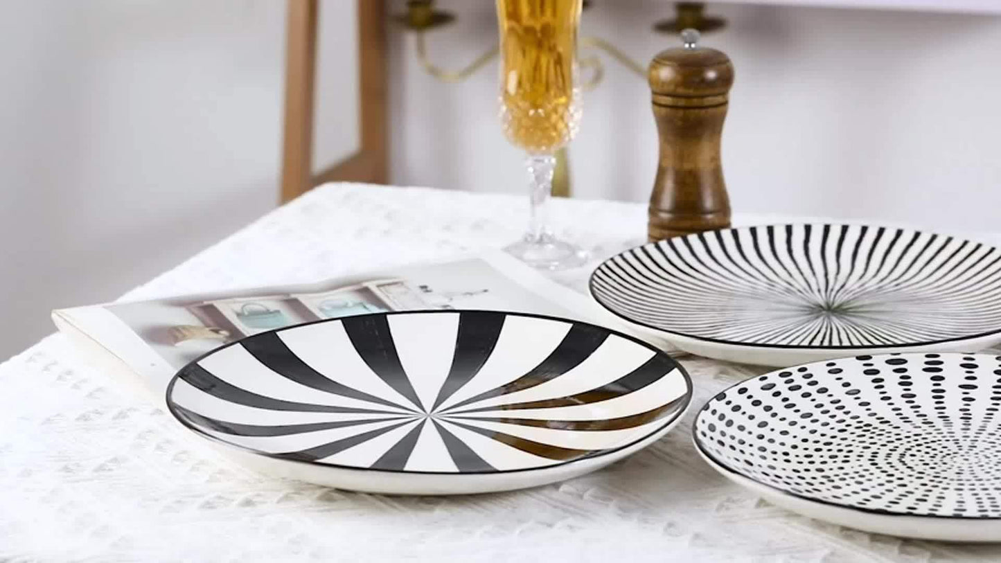 Dinner Plates Ceramic Plate Set - Black Plate Set 8 Inch - 10 Inch Large Porcelain Round Plate Sets Of 6 - Flat Modern Black Pattern Dining Plates For Kitchen | Family - Dishwasher | Microwave | Oven Safe