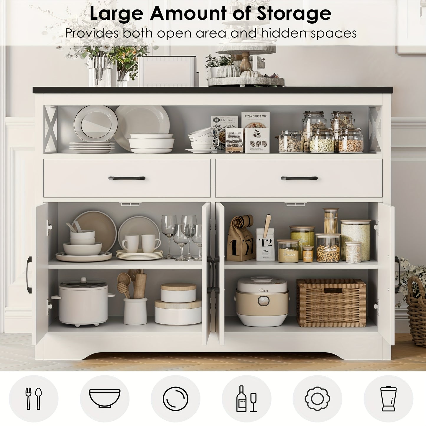 FULTRU 47" Modern Farmhouse Sideboard Buffet Cabinet, Wood Buffet Storage Cabinet with Drawers & Shelves, Large Coffee Bar Cabinet with Storage, Microwave Stand for Kitchen, Dining Room, Dark Brown, White + Rustic Brown, Whit