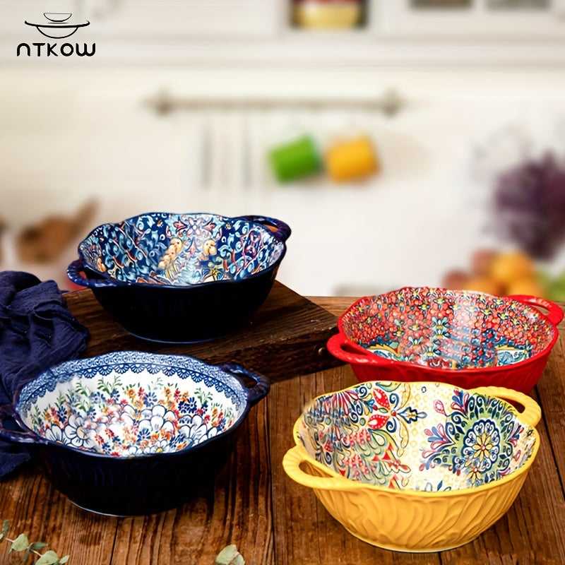 1pc 9.5 "Underglaze Color Bohemia Polish Color Double Ear Soup Bowl, Embossed Soup Bowl, Noodle Bowl, Microwave Safe, For Home Kitchen Restaurant Hotel, Kitchen Supplies, Tableware Accessories