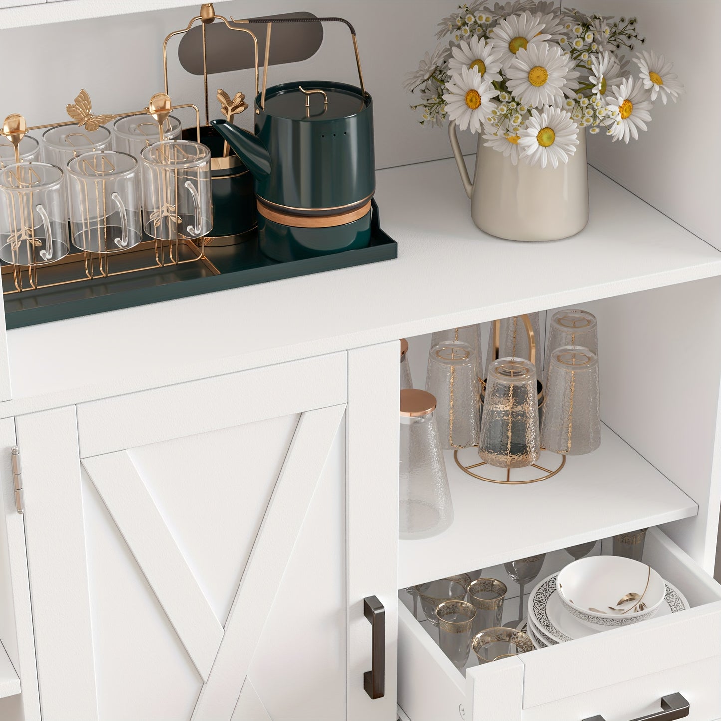 FULTRU 60.4" Farmhouse Kitchen Pantry Storage Cabinet, Freestanding Hutch with Doors & Shelves, Buffet Sideboard with Microwave Stand, Coffee Bar with Drawers, Cupboard for Dining Room, Rustic Brown