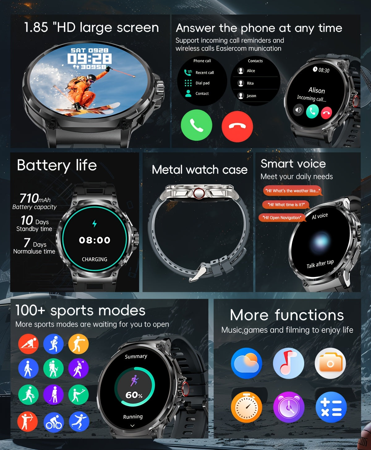 TIZOOP Outdoor Smart Watch with 1.85" HD Display, 710mAh Long-Lasting Battery, 100+ Sports Modes, Step Tracking, Activity Reports, and Water Resistance for Android and iOS Phones