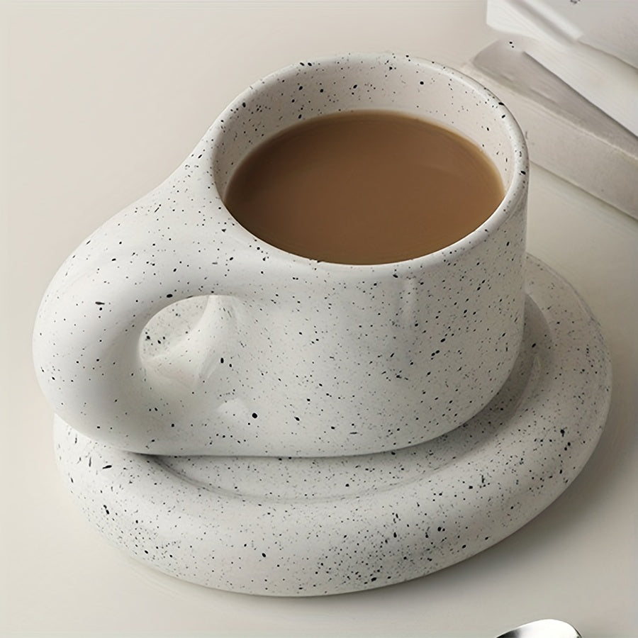 1set Chubby Mug Saucer Set - Creative, Cute, Fat Handle, 10 Oz, Dishwasher and Microwave Safe, Perfect for Latte, Tea, Milk, Halloween Gift, Birthday Gift, Aesthetic Room Decor, Art Supplies, Summer and Winter Drinkware