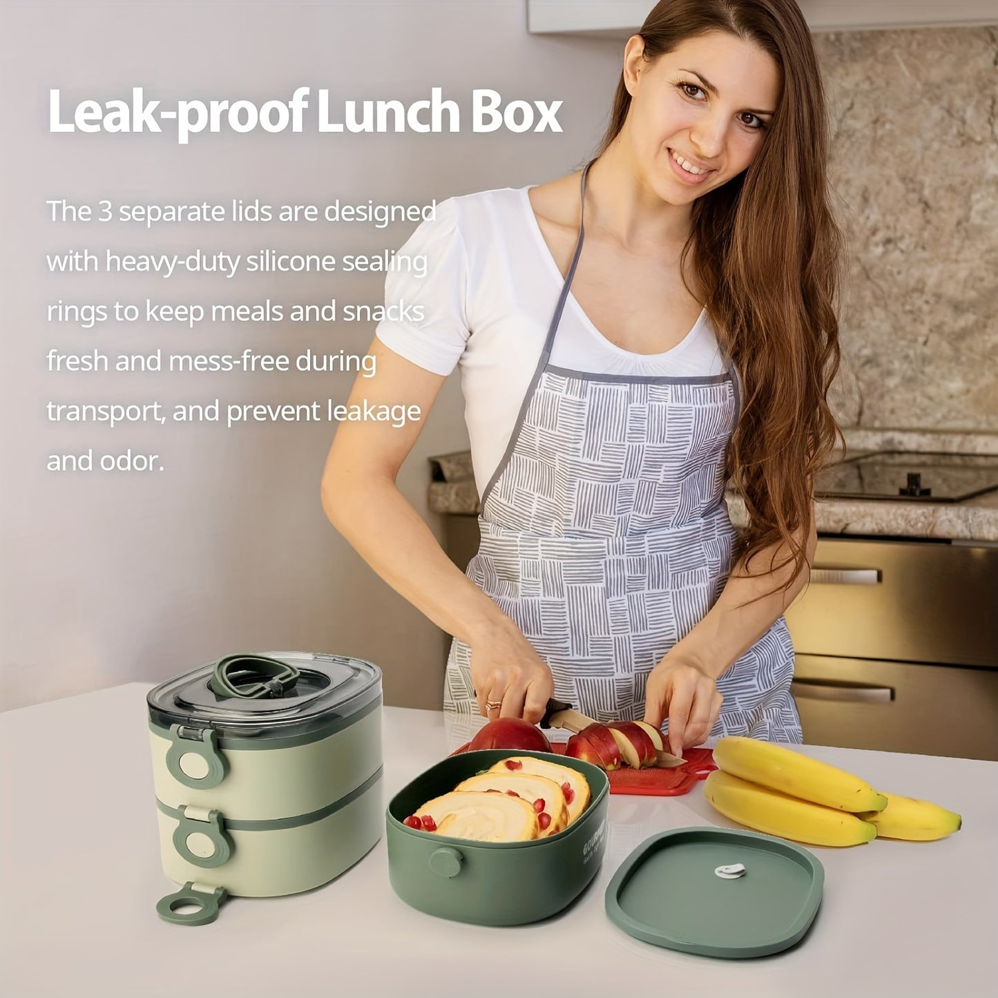 Bento Box Lunch Box, Stackable 3 Layers Food Containers, Leak-Proof Portable 2.80L Large Capacity Lunch Box, Microwave Safe Bento Box For Adults To Work School Camping-Green