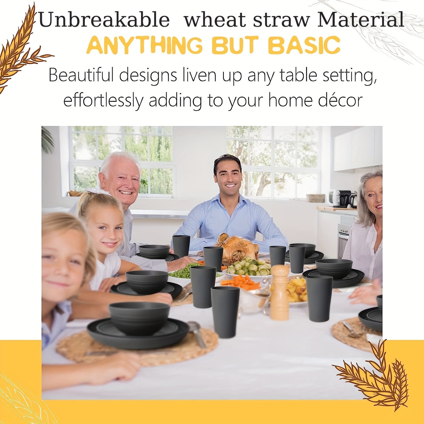 16pcs Durable Wheat Straw Set - Reusable Microwave & Dishwasher Safe Dinnerware Set - Plates, Bowls, and Cups - Black (Set of 4) for Everyday Use!