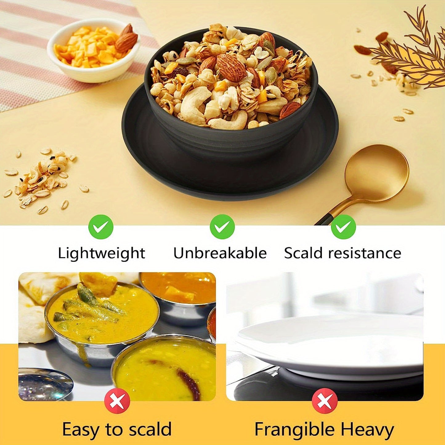16pcs Durable Wheat Straw Set - Reusable Microwave & Dishwasher Safe Dinnerware Set - Plates, Bowls, and Cups - Black (Set of 4) for Everyday Use!