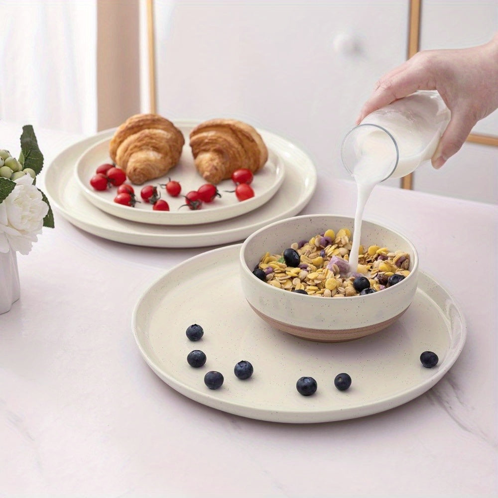 Ceramic Dinnerware Sets for 4, 12 Pieces Handpainted Plates and Bowls Set with Rustic Terracotta Underside, Scratch Resistant Stoneware Dishes Set, Dishwasher & Microwave Safe, Light Beige