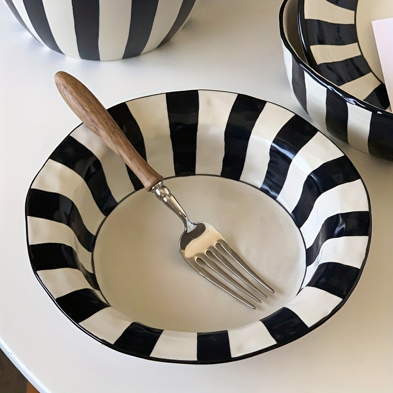 Vintage Black & White Striped Ceramic Dinnerware Set - Deep Plate, Noodle Bowl, Straw Hat Design - Premium Textured Tableware For Home, Kitchen, Salad & Soup Bowls - Microwave Safe