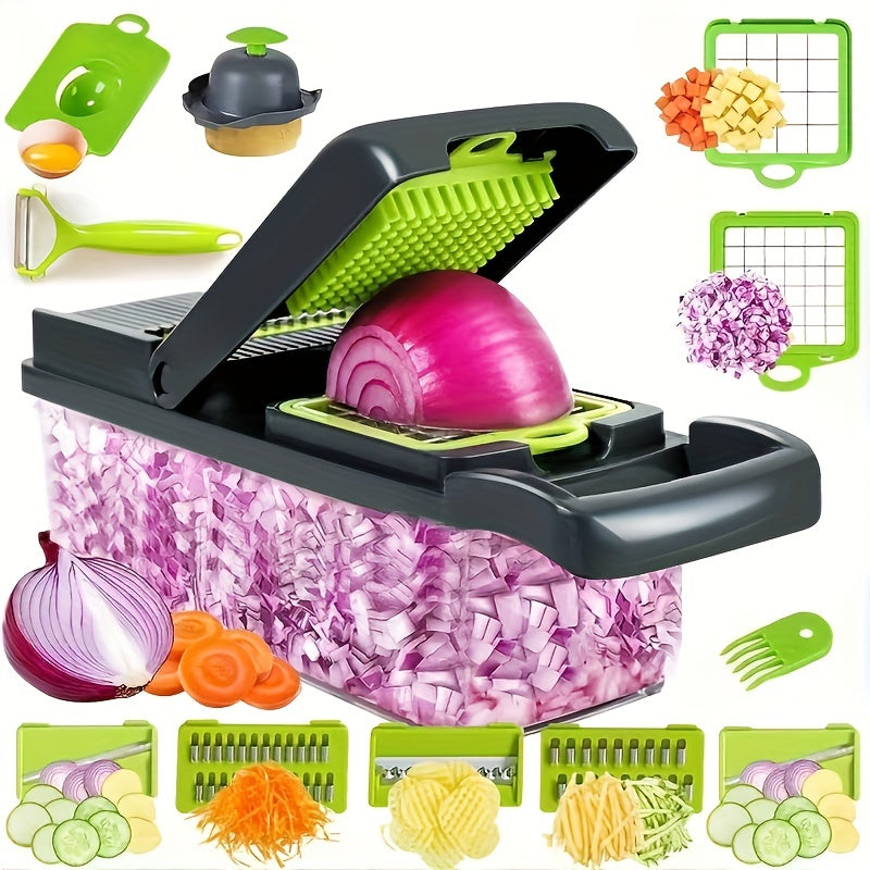 13pcs/set, Multifunctional Vegetable Chopper with Interchangeable Blades and Container - Perfect for Quick and Easy Meal Prep, Onion Mincing, and Potato Shredding - Kitchen Gadget Must-Have for Busy Families and Students!