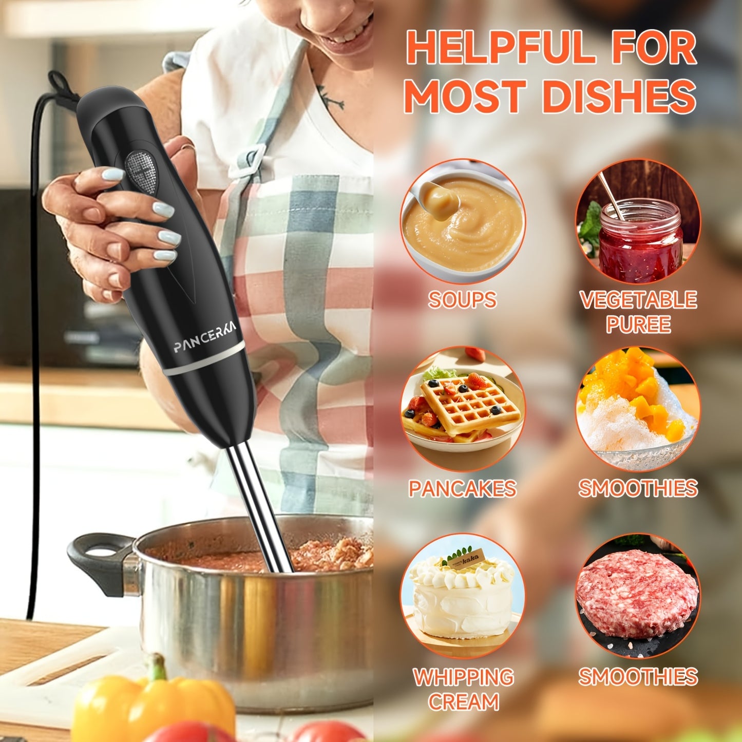 PANCERKA Powerful Immersion Blender, Electric Hand Blender 500 Watt, Detachable Base. Handheld Kitchen Gadget Blender Stick For Soup, Smoothie, Puree, Baby Food, 304 Stainless Steel Blades