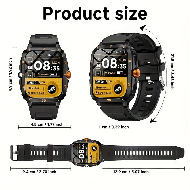 1.96 Inch Outdoor Men'S Smartwatch, Sports & Fitness Watch For IPhone & Android Phones, Extra Long Battery Life, Wireless Calling, With 100+ Exercise Modes/Long Battery Life/Music Control/Message Alert/Gift