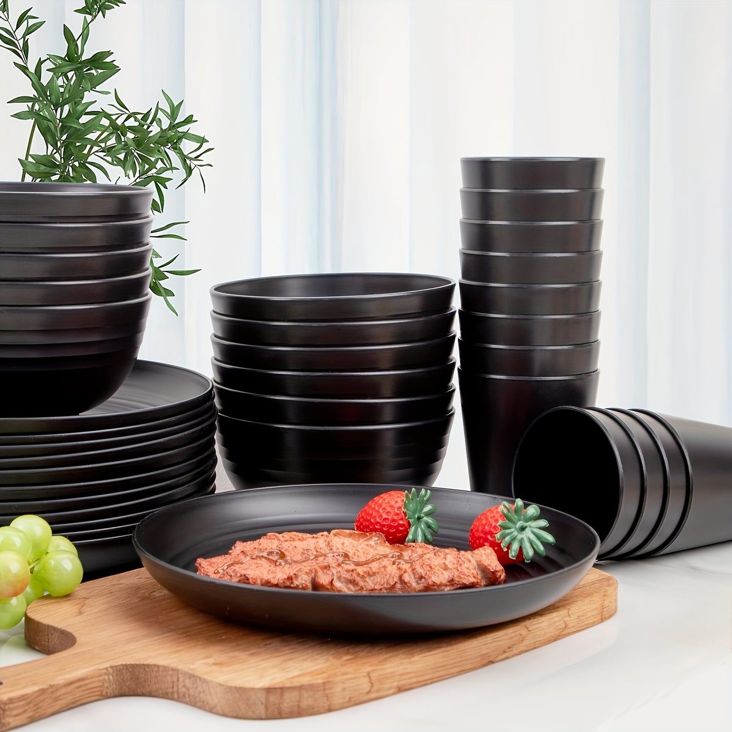 36pcs Black Wheat Straw Dinnerware Set Of 12, Plates And Bowls Set, Plastic Plates Reusable, Halloween Halloween Plastic Plates, Black Dishwasher And Microwave Safe, Unbreakable Dinnerware, Camping Plates.