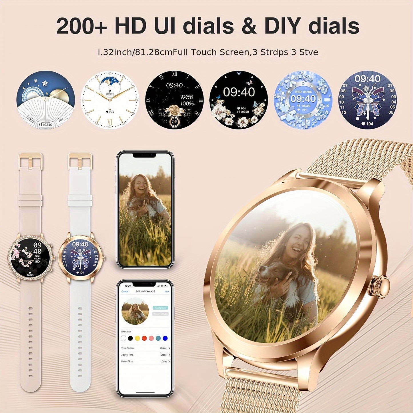 Smart Watch Gift for Women 1.32 inch Full Touch Screen Smart Call Watch with Answer and Make Call for iPhone and Android Phones Message Push Fitness Tracking Watch Pedometer Distance Calories Sports Modes Sports Smart Bra