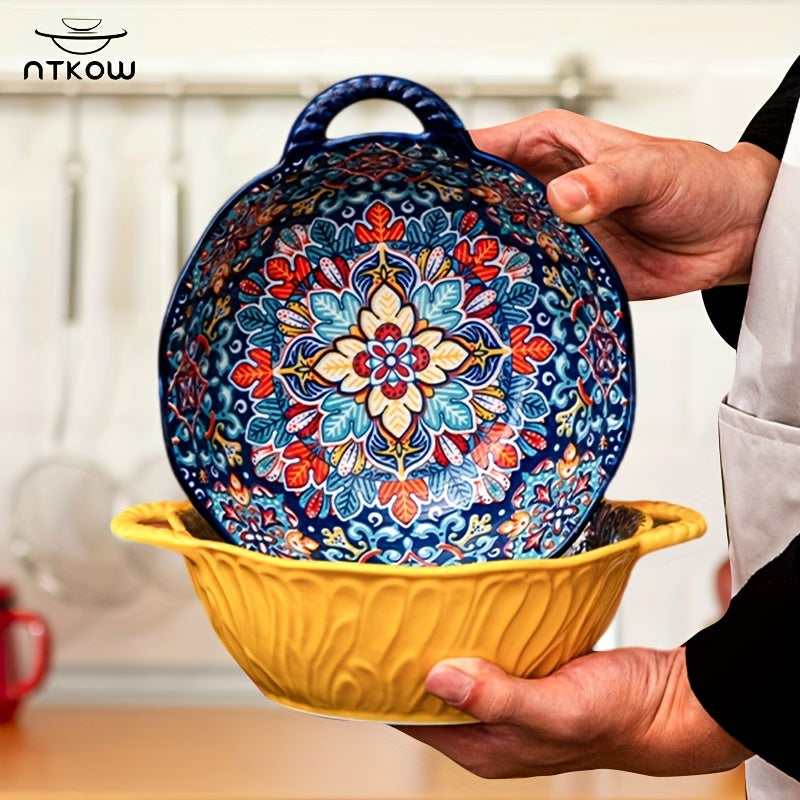 1pc 9.5 "Underglaze Color Bohemia Polish Color Double Ear Soup Bowl, Embossed Soup Bowl, Noodle Bowl, Microwave Safe, For Home Kitchen Restaurant Hotel, Kitchen Supplies, Tableware Accessories