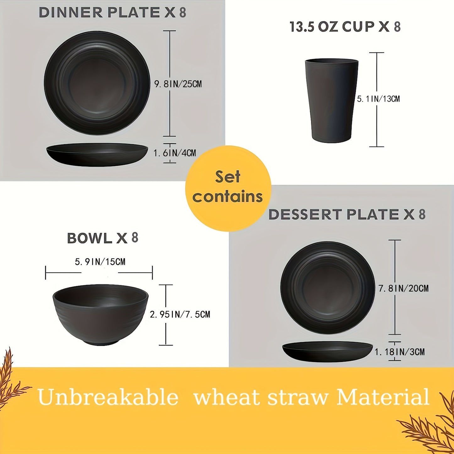 32Pcs Wheat Straw Dinnerware Sets, Lightweight Plates and Bowls Set, Plastic Reusable Plates, Microwave Dishwasher Safe, Reusable Dinnerware, Black Set 8 Dinner Plates, 8 Dessert Plate, 8 Cereal Bowls, 8 Cups.
