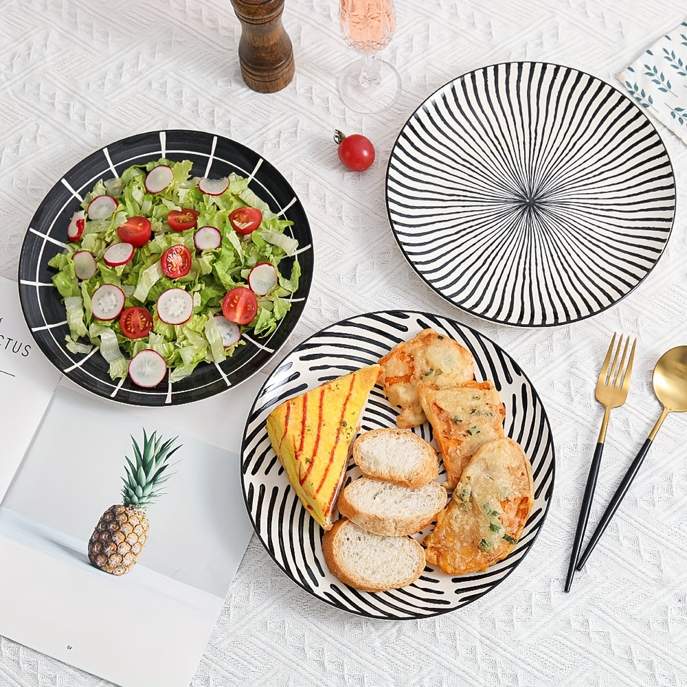 Dinner Plates Ceramic Plate Set - Black Plate Set 8 Inch - 10 Inch Large Porcelain Round Plate Sets Of 6 - Flat Modern Black Pattern Dining Plates For Kitchen | Family - Dishwasher | Microwave | Oven Safe