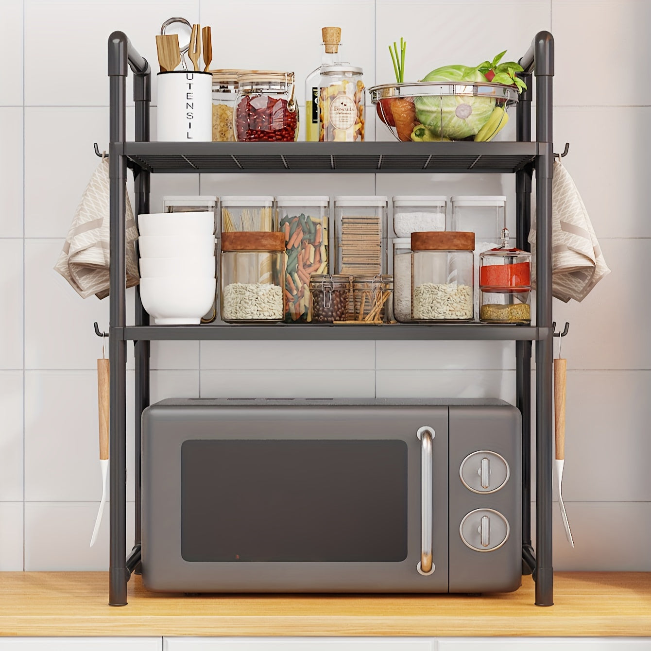 8-Hook Expandable Double-Layer Microwave Stove Rack - Multifunctional Kitchen Storage Organizer for Countertops and Cabinets - Space-Saving Plastic Rack with Adjustable Design for Kitchen Utensils and Accessories