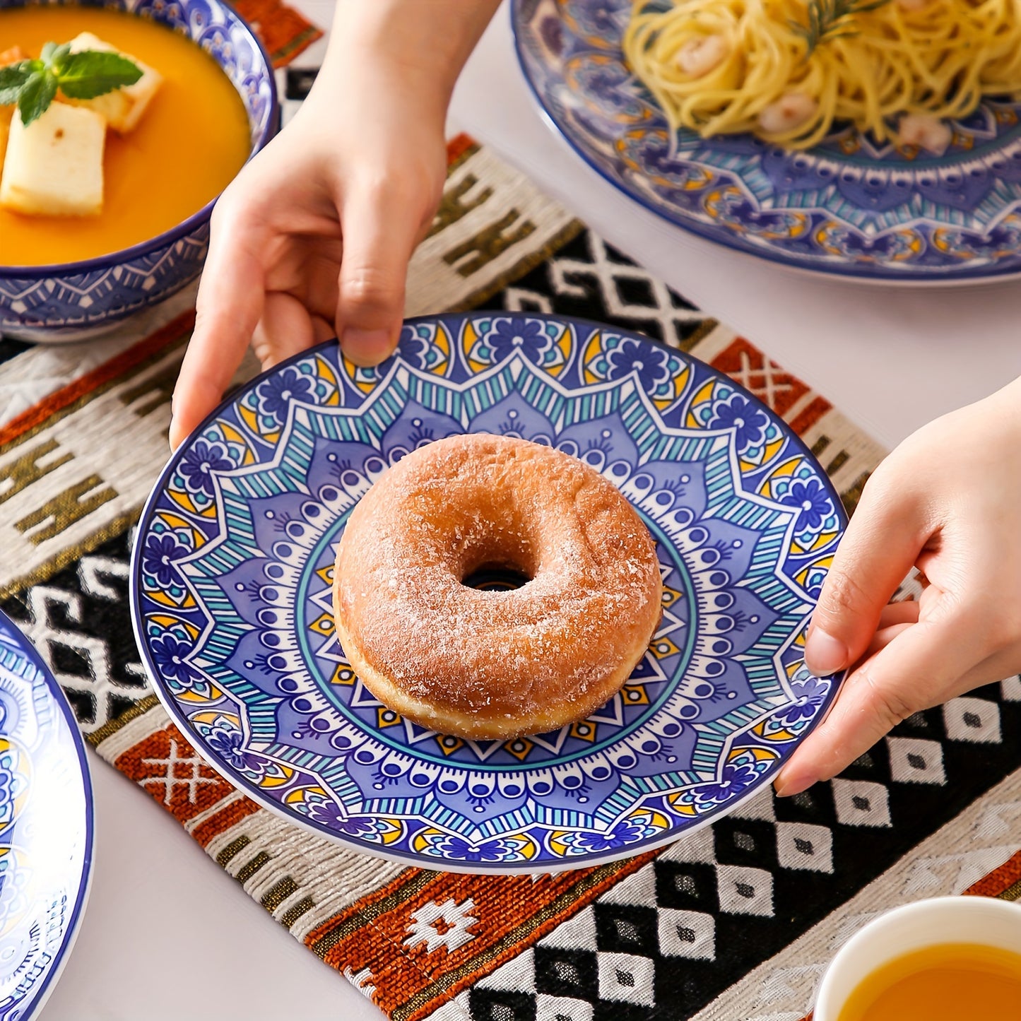 16-Piece Blue Boho Porcelain Dinnerware Set - Stylish Tableware for Home, Kitchen & Restaurant - Durable, Versatile, Serves 4 - Includes Plates, Bowls, & Cups - Microwave & Dishwasher Safe