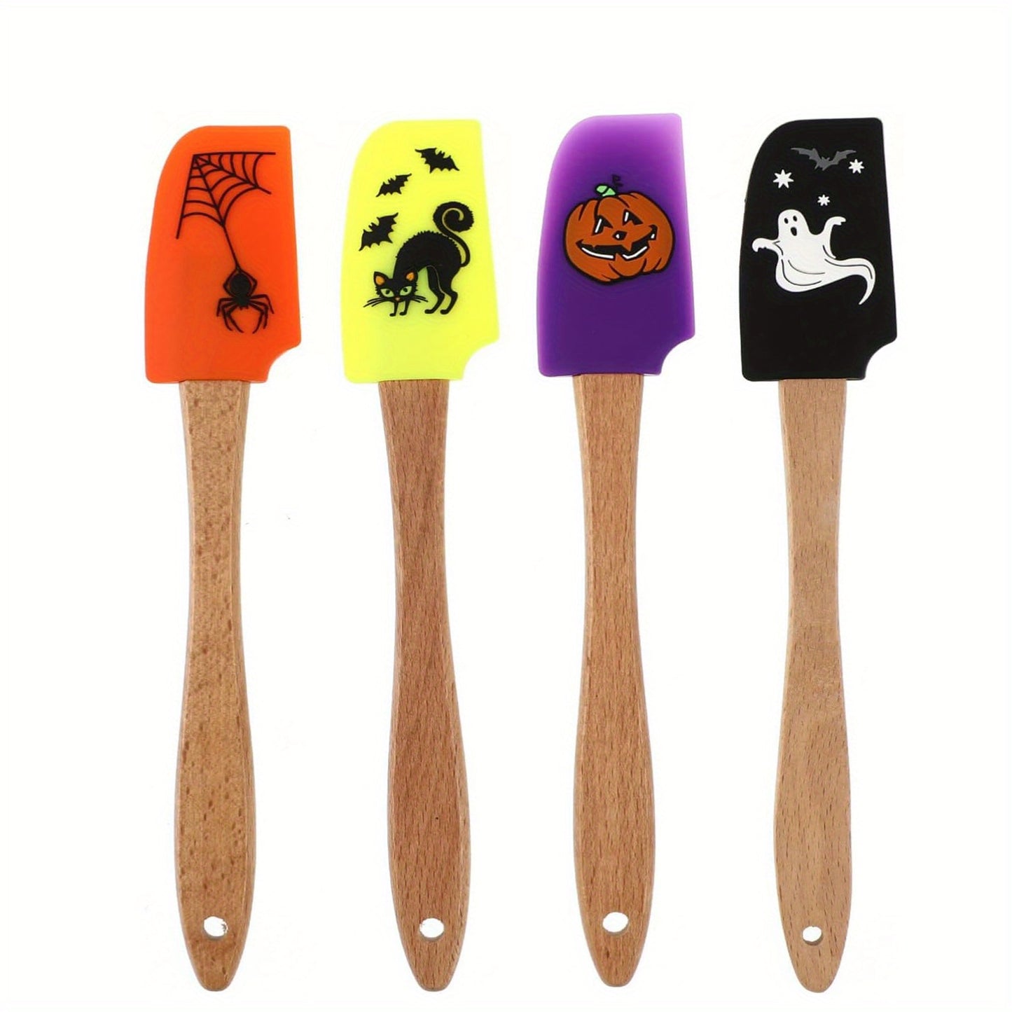 1/4Pcs, Halloween Spatula, Wooden Handle Silicone Spatula, Heat Resistant Silicone Scraper Set, Cream Spatula, Kitchen Scraper For Cooking, Baking And Mixing, Pumpkin Spatula, Kitchen Supplies, Halloween Gift, Halloween Decor