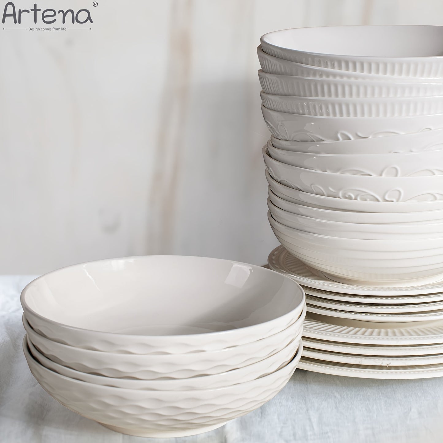 Large Ceramic 4pcs Artena Pasta Bowls - 32oz/35oz, 7.9''/8'' Embossed Soup Bowls - White Serving Bowls for Entertaining, Microwave Dishwasher Oven Safe