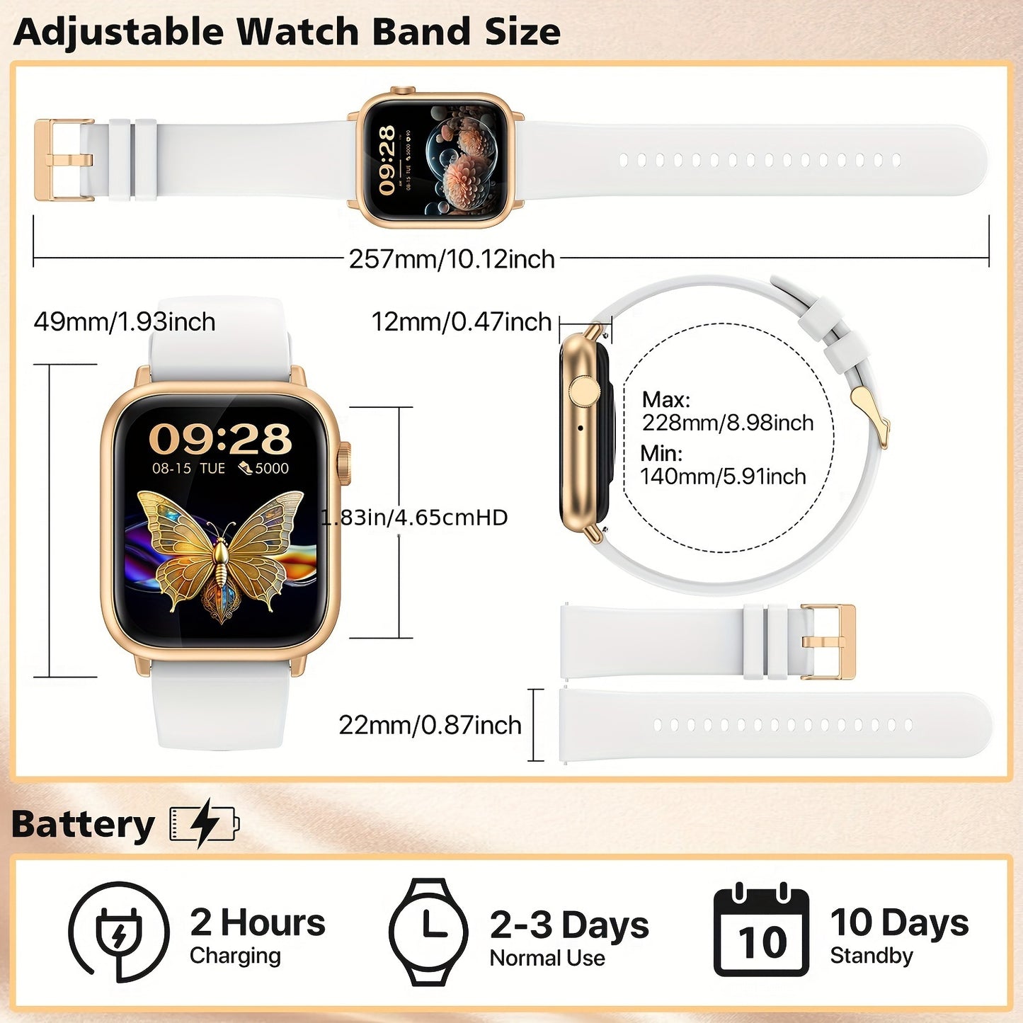 1PC Women's Smart Watch Gift, 1.83-inch Touch Screen, Wireless Call and Messages Notifications, Workable for iPhone/Android Phones, Fitness Tracking Watch, Calories, Distance, Steps, 100+Sports Modes, Female Smart Bracelet, S