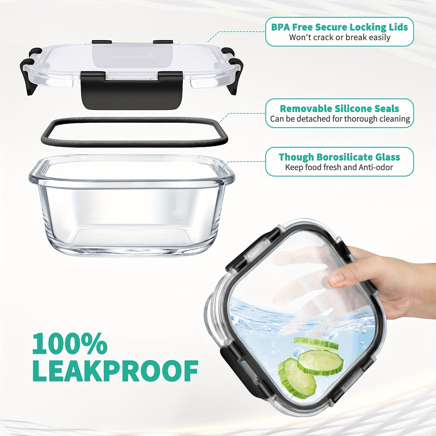 34-piece set of glass food storage containers with lids, airtight glass meal prep containers (17 containers and 17 lids), leak-proof lunch containers BPA-free, microwave, oven, freezer, dishwasher safe, black