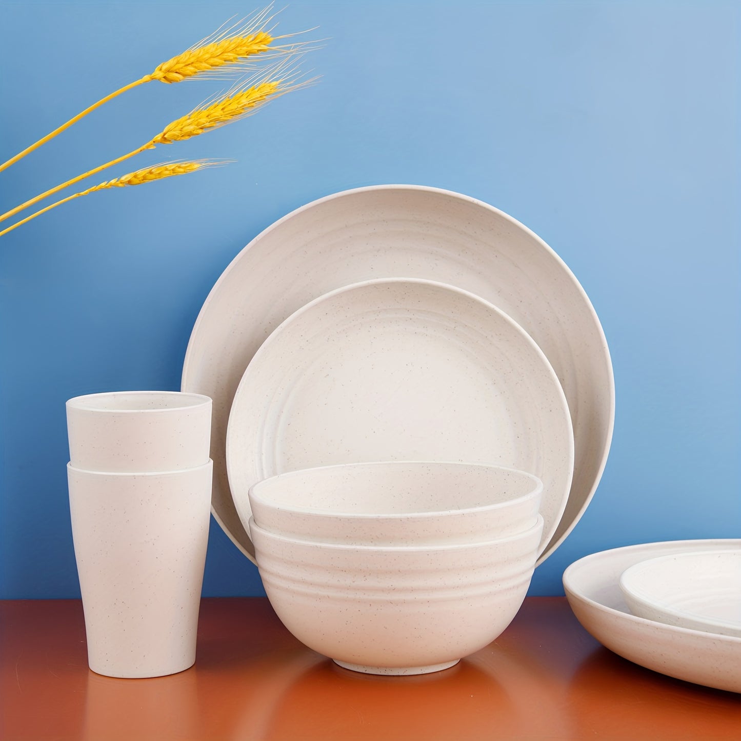 32pcs Vibrant Wheat Straw Round Dinnerware Set - Microwave & Dishwasher Safe, Unbreakable, Lightweight, Reusable - Perfect for 4th of July, Christmas, Halloween, Thanksgiving Celebrations with Family and Friends