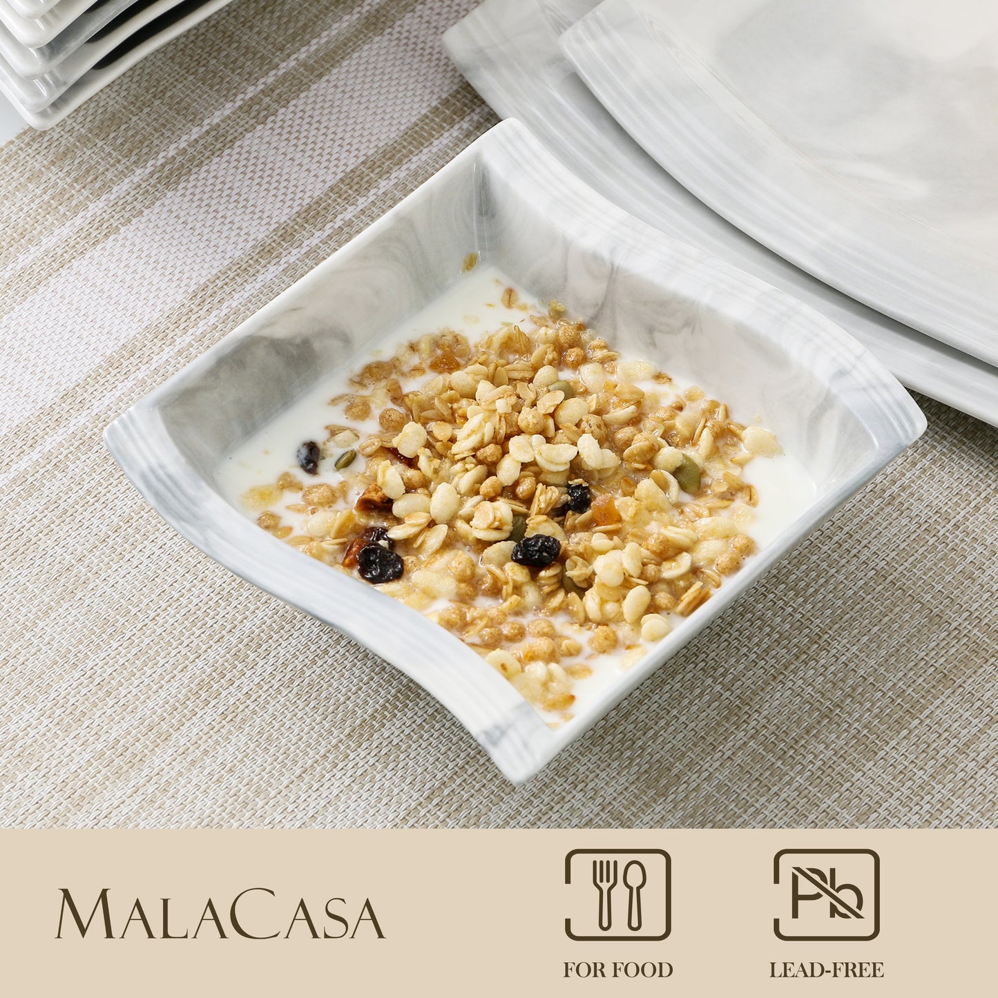 6 Piece Square Shaped Porcelain Cereal Bowl Set - Microwave Safe, Durable, and Easy to Clean - Vancasso Brand, Perfect for Soup, Salad, and Everyday Meals