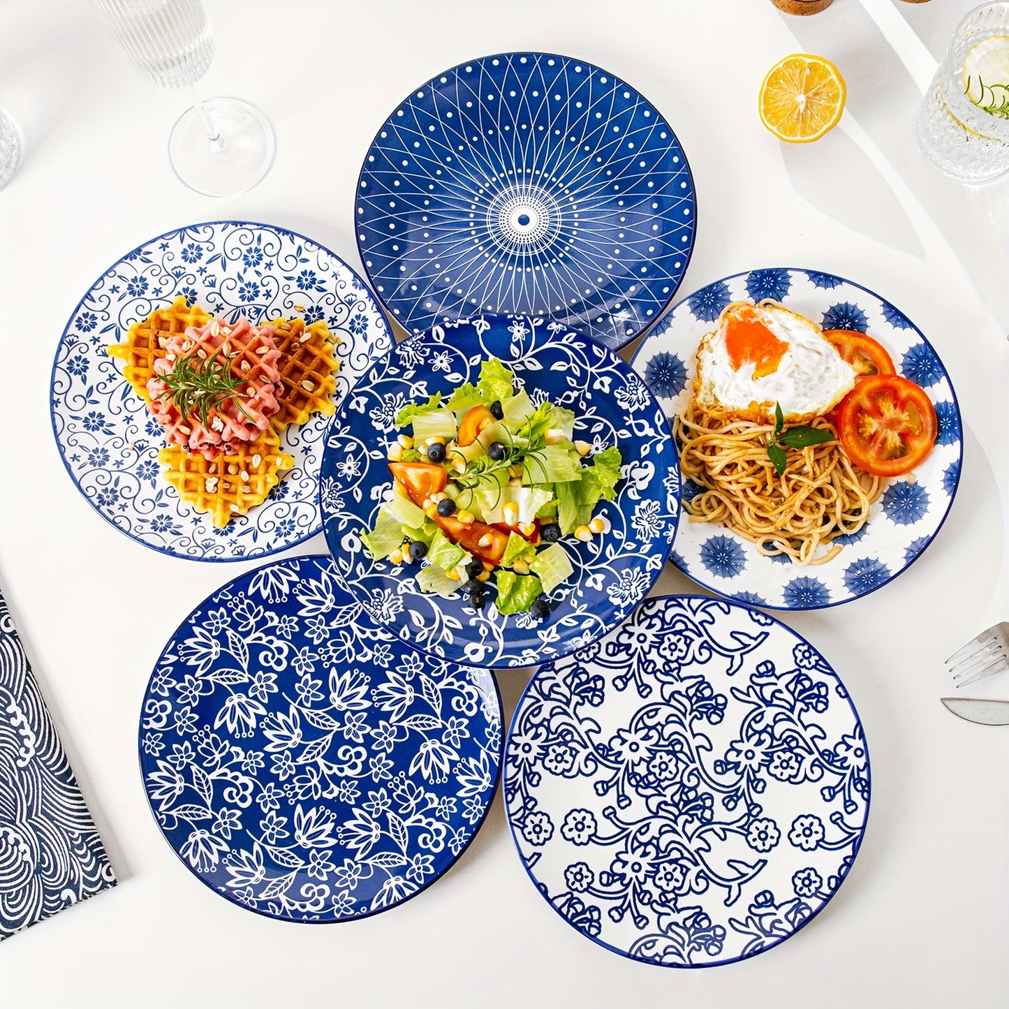 Chinese style ceramic dinnerware 30 pcs set, including 8.5 inches salad plate, 10.5 inches dinner plate, 16 oz coffee mug, 8.3 inches rectangular plate, 24 oz cereal bowl each 6 pcs, microwave oven dishwasher safe, housewarmi