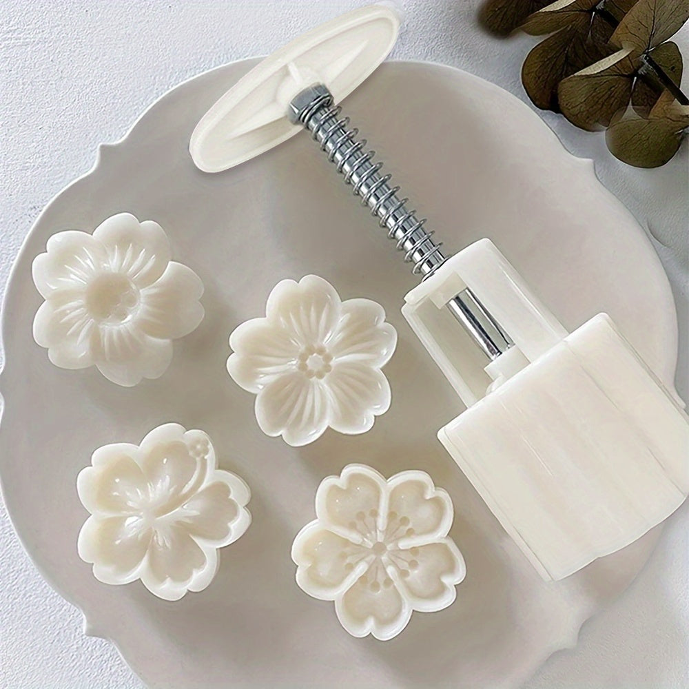 5pcs Flower Cookie Press Set - DIY Mooncake & Pastry Molds, ABS Plastic, Intricate White Flower Designs for Elegant Baking, Ideal for Christmas & Halloween, Kitchen Essentials