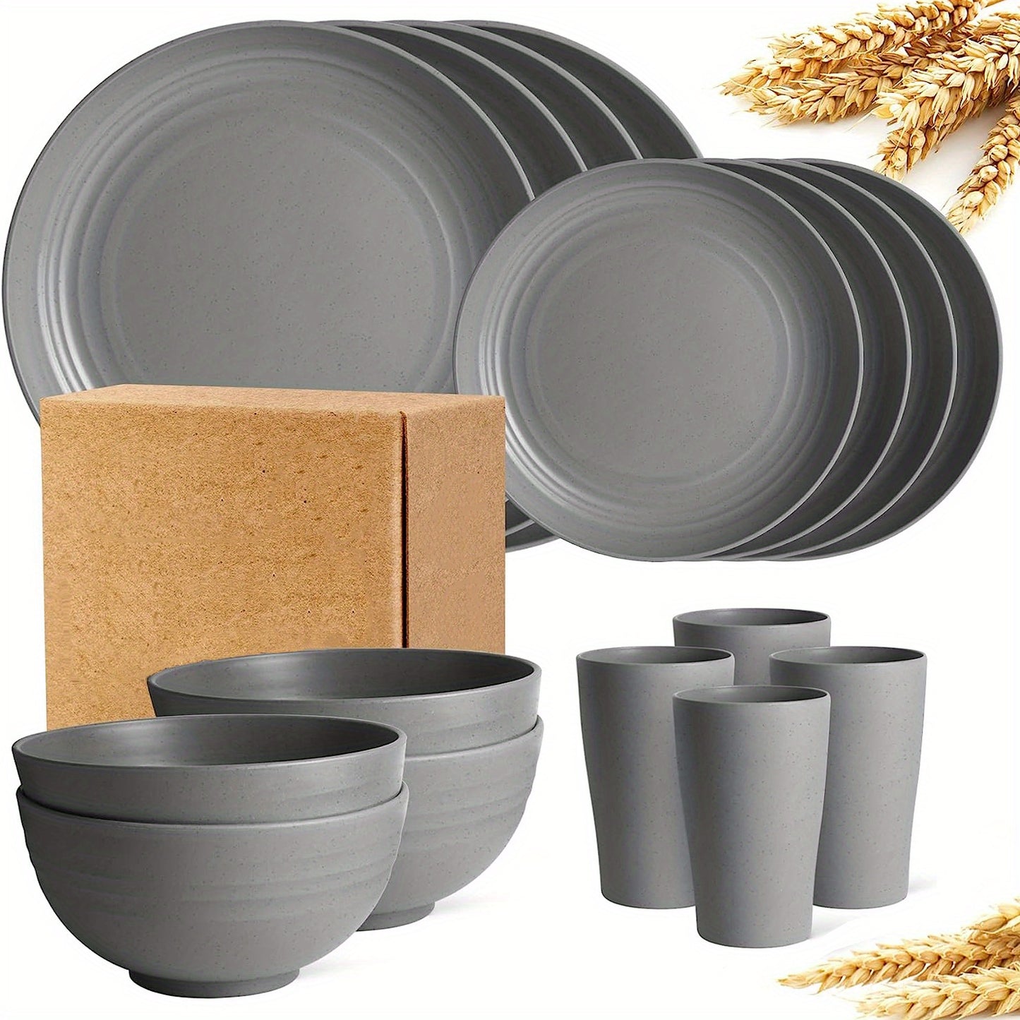 16pcs Unbreakable Wheat Straw Dinnerware Sets, Reusable Tableware Set, Lightweight Microwave Dishwasher Safe, Plates, Cups, Bowls For RV Camping Picnic Kitchen Dorm