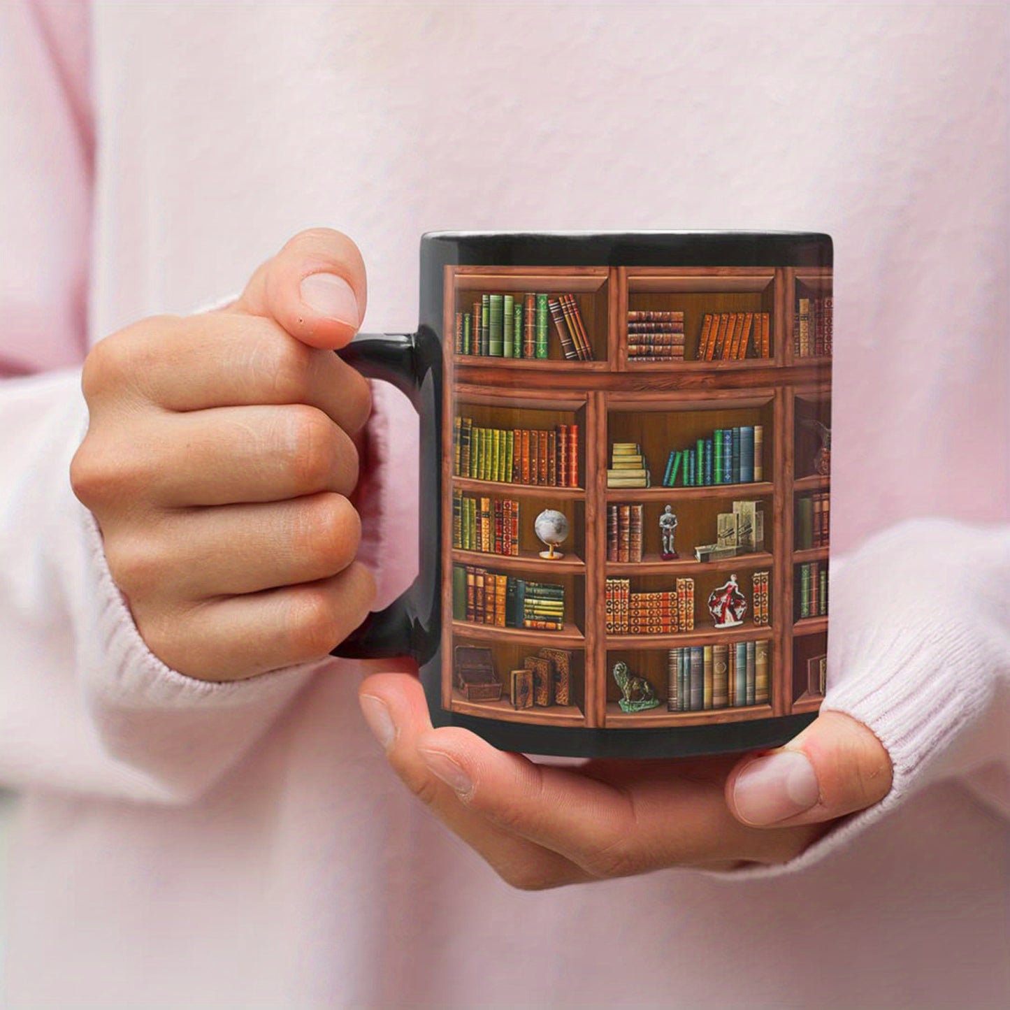 1pc, Bookworm's Delight Mug - Library Bookshelf Coffee Mug for Book Lovers - 11oz/15oz, Black, Ceramic, Dishwasher and Microwave Safe, Unique Bookish Gifts for Readers and Librarians
