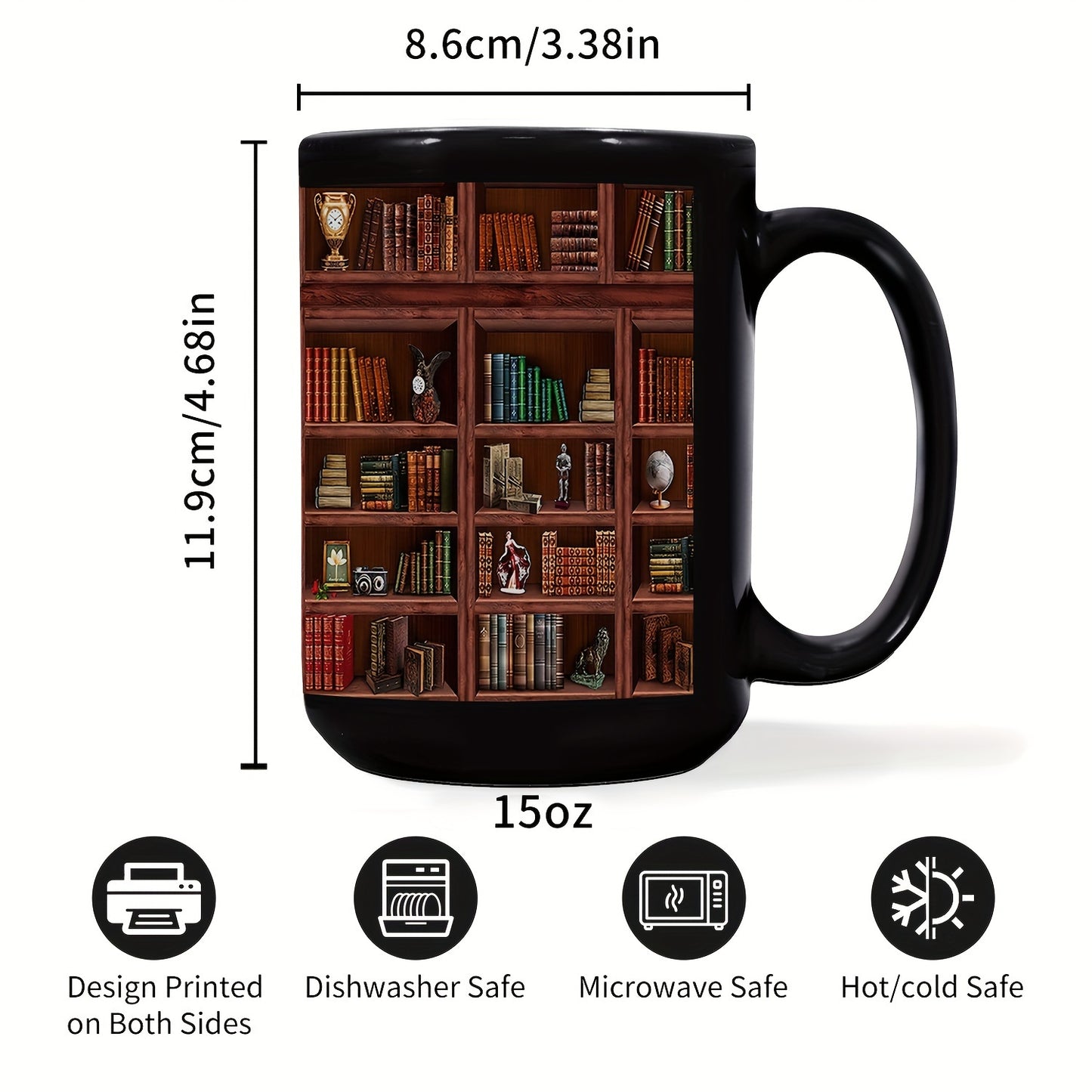 1pc, Bookworm's Delight Mug - Library Bookshelf Coffee Mug for Book Lovers - 11oz/15oz, Black, Ceramic, Dishwasher and Microwave Safe, Unique Bookish Gifts for Readers and Librarians