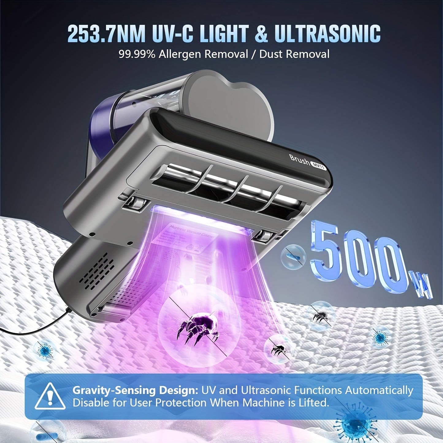 Mattress Vacuum Cleaner With UV-C Light, Handheld Vacuum Cleaner With Heating & Ultrasonic & Anionic & Aromatherapy For Bed Dust Pet Hair (Corded, Purple), 16Kpa Suction 500W Powerful And Double Cup