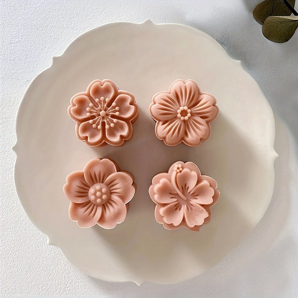 5pcs Flower Cookie Press Set - DIY Mooncake & Pastry Molds, ABS Plastic, Intricate White Flower Designs for Elegant Baking, Ideal for Christmas & Halloween, Kitchen Essentials