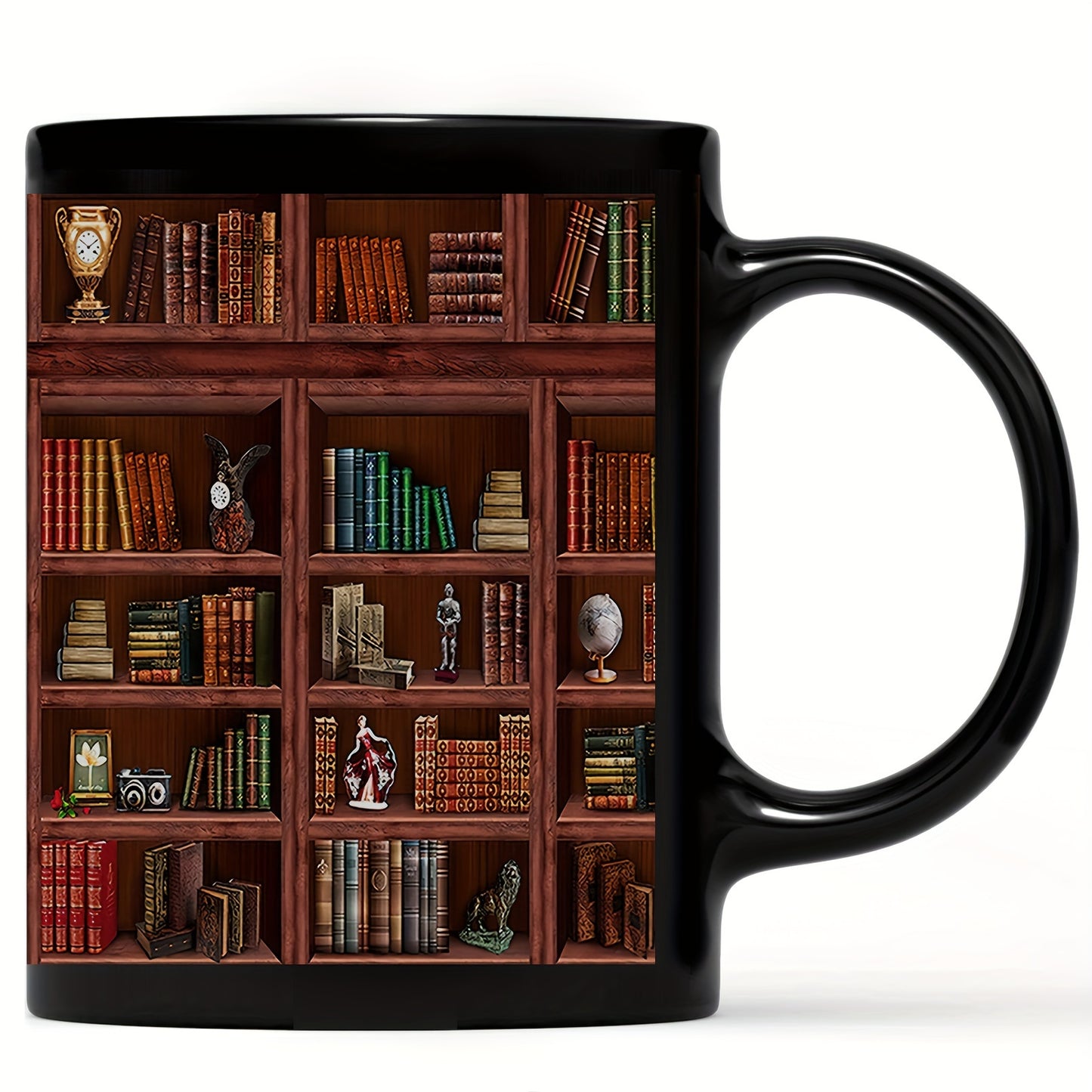1pc, Bookworm's Delight Mug - Library Bookshelf Coffee Mug for Book Lovers - 11oz/15oz, Black, Ceramic, Dishwasher and Microwave Safe, Unique Bookish Gifts for Readers and Librarians
