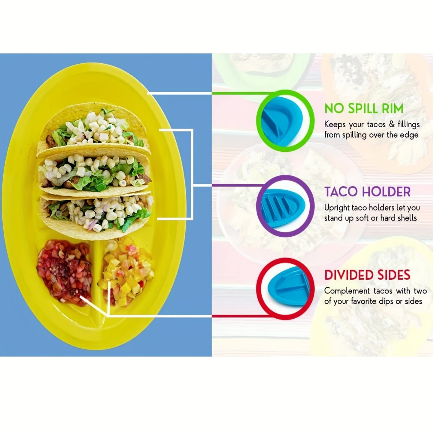 1pc/4pcs, Fiesta Serving Plates/Trays Set With Stand Up Holder For Soft And Hard Shell Tacos, Plastic, Use For Taco Nights And Bar, Microwave Safe