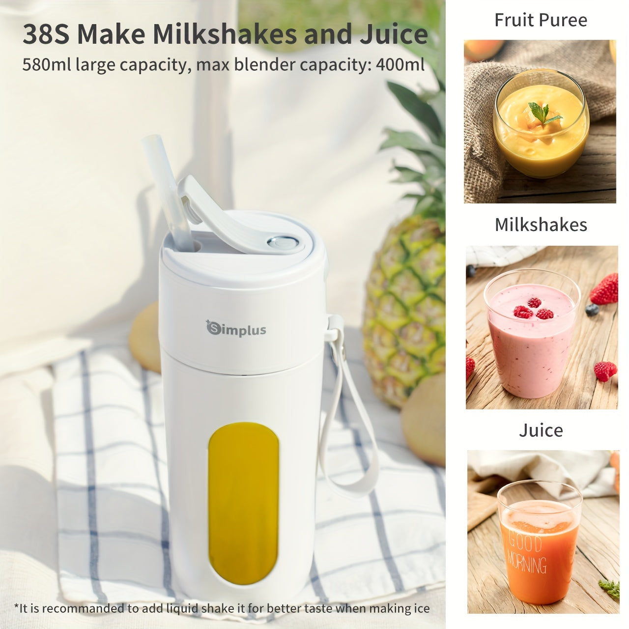Simplus Portable Blender - 13.53oz Capacity, Quick Ice Crush in 38 Seconds, Stainless Steel Blades, USB Rechargeable, Easy Clean, Compact Kitchen Gadget