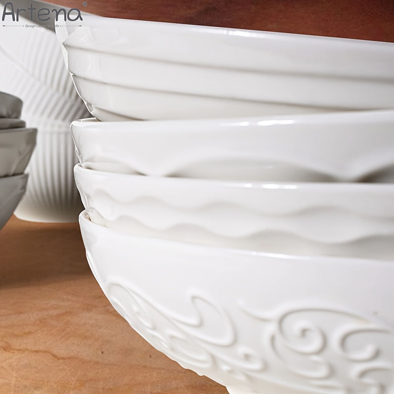 Large Ceramic 4pcs Artena Pasta Bowls - 32oz/35oz, 7.9''/8'' Embossed Soup Bowls - White Serving Bowls for Entertaining, Microwave Dishwasher Oven Safe