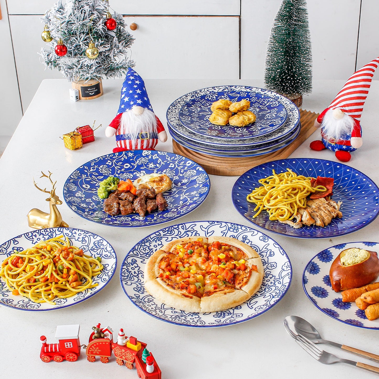 Chinese style ceramic dinnerware 30 pcs set, including 8.5 inches salad plate, 10.5 inches dinner plate, 16 oz coffee mug, 8.3 inches rectangular plate, 24 oz cereal bowl each 6 pcs, microwave oven dishwasher safe, housewarmi