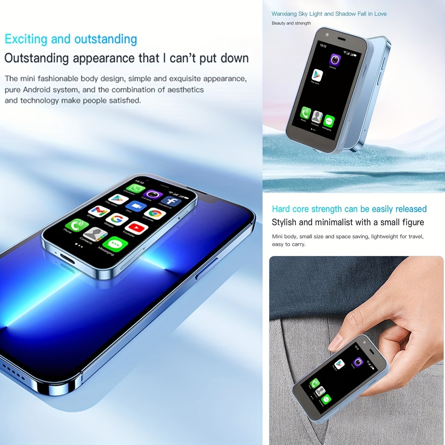 Mini Smartphone, The World's Smallest Cell Phone 3.0 Inch Android Small Phone Quad Core 2G+16G 5.0MP Dual SIM High Definition Mini Phones Unlocked 3G Mobile Phone (Blue)