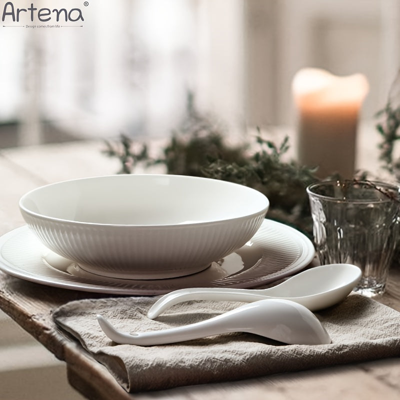 Large Ceramic 4pcs Artena Pasta Bowls - 32oz/35oz, 7.9''/8'' Embossed Soup Bowls - White Serving Bowls for Entertaining, Microwave Dishwasher Oven Safe