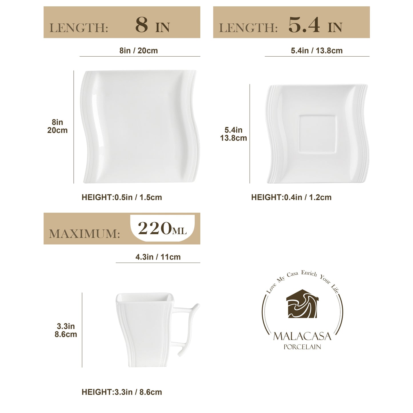 Plates Cups and Saucers Set, 18-Piece Square Plate Set for 6, Porcelain Dish Set with Dessert Plates, Coffee Mugs and Saucers, Kitchen Dinnerware Sets Microwave Safe