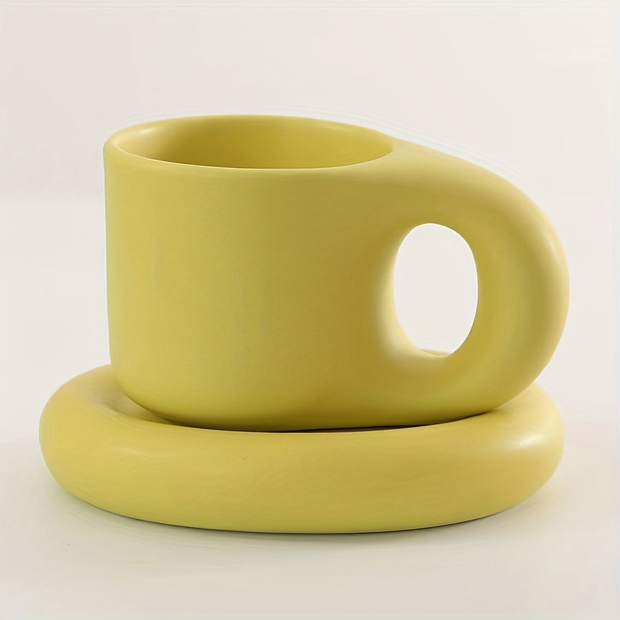 1set Chubby Mug Saucer Set - Creative, Cute, Fat Handle, 10 Oz, Dishwasher and Microwave Safe, Perfect for Latte, Tea, Milk, Halloween Gift, Birthday Gift, Aesthetic Room Decor, Art Supplies, Summer and Winter Drinkware