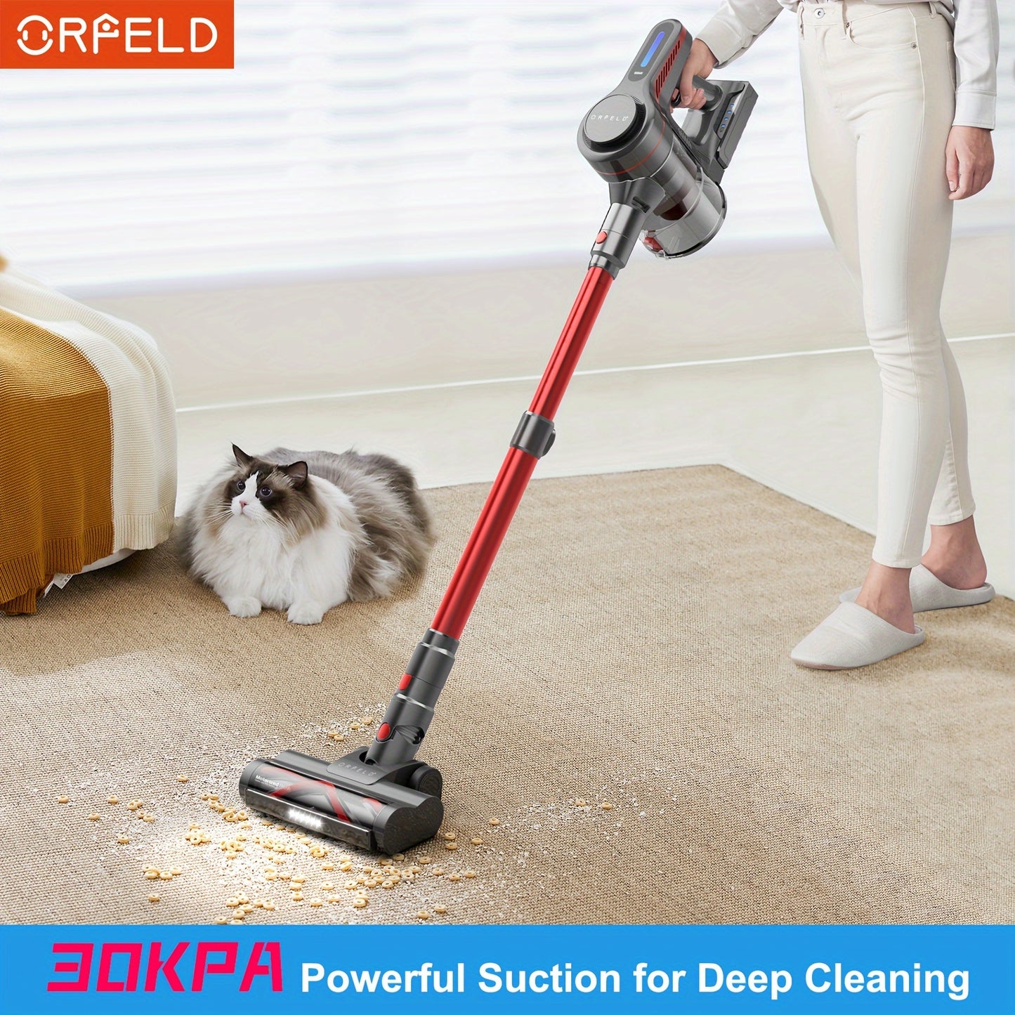 ORFELD Cordless Vacuum Cleaner, Stick Vacuum With 30Kpa Powerful Suction, 45Mins Runtime Rechargeable Vacuum, Anti-tangle And 50.72oz Dust Cup, 6 In 1 Lightweight Vacuum For Hardwood Floor Carpet Pet Hair